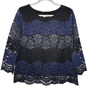 Halogen Striped Lace Blouse Top Navy Blue Black 3/4 Sleeve Women's Medium